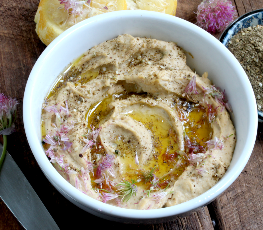 Chive blossom and za'atar hummus