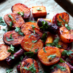 Harissa baby potatoes and rainbow carrots