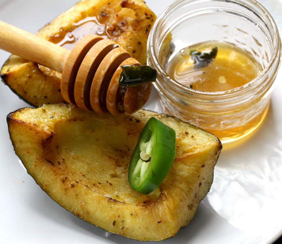 Salted jalapeno honey on roasted acorn squash