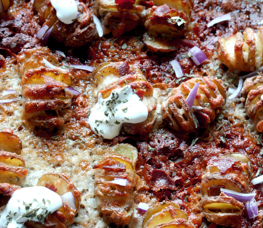 Baby Hasselback potatoes with cheddar bacon